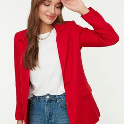 Trendyol Notched Lapel Long Sleeves Single-Breasted Cheery Red Blazer-image-2