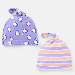 Babyhug 100% Cotton Cap Stripes & Penguin Design Pack of 2- Purple-image-34