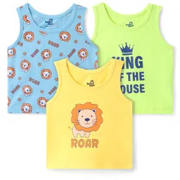 Doodle Poodle 100% Cotton Knit Sleeveless Vest Lion & Text Print Pack of 3 - Green Blue & Yellow-picture-37