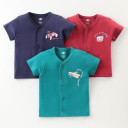 Zero Interlock Knit Half Sleeves Vests Vehicle Print Pack of 3- Navy Blue Maroon & Green-picture-30