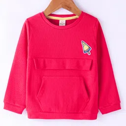 Olio Kids Cotton Knit Full Sleeves Winter T-Shirt with Kangaroo Pocket & Ice Cream Patch - Dark Pink-picture-35