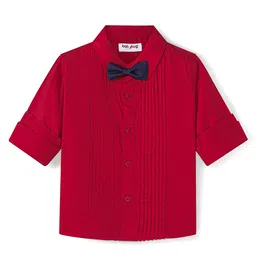 Babyhug Woven Full Sleeves Solid Colour Party Shirt With Bow & Pintuck Detailing - Red-image-63