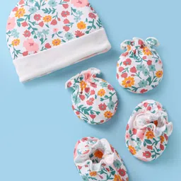 Ben Benny 100% Cotton Knit Cap Mittens & Booties Set with Floral Print White - Diameter 9.5 cm-image-33