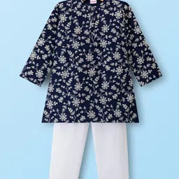 Babyhug Woven Full Sleeves Kurta Pajama Set With Floral Embroidery - Navy Blue-picture-24