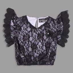 Actuel Woven Frill Sleeves Floral Designed Lace Detailed Crop Top - Black & Purple image 1