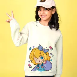 NUSYL Fleece Knit Full Sleeves Cute Girl Printed Light Winter Sweatshirt - White-image-98
