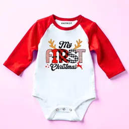 KNITROOT Cotton Knit Christmas Theme Full Raglan Sleeves My First Christmas Text Printed Onesie - Red & White-picture-18