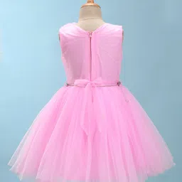 Bluebell Net Sleeveless Pleated Detailed & Floral Applique Party Frock - Pink image 3