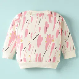 Ollypop Fleece Knit Full Sleeves Abstract Printed Co-Ords Winter Night Suit With Diaper Pant - Pink & White image 3