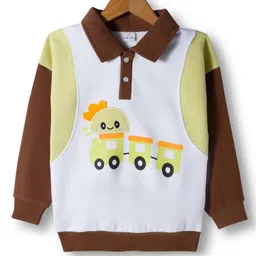 Mark & Mia Knit Full Sleeves Fleece Winter Wear Oversized T-Shirt & Lounge Pant Set With Vehicle Print & Applique - Brown image 2