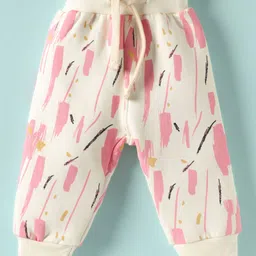 Ollypop Fleece Knit Full Sleeves Abstract Printed Co-Ords Winter Night Suit With Diaper Pant - Pink & White image 4