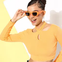 DressBerry Glam Canary Yellow Halter Neck Ribbed 90's Hollaback Cutout Course Crop Top-picture-27