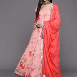 Varanga Pink Floral Print Anarkali Kurta With Dupatta-image-21