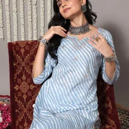 Varanga Blue Cotton Striped Straight Kurta image 5