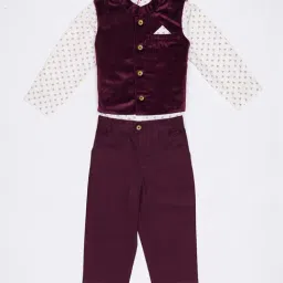 H by Hamleys Infants Boys Maroon & White Printed Full Sleeves Waistcoat, Shirt & Pants-picture-21