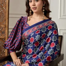 Saree Mall Navy Printed Sarees With Unstitched Blouse image 5