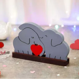 eCraftIndia White Wooden Cuddling Elephants With Heart Statues image 5
