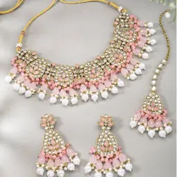 Peora Gold Plated Kundan & Pink Choker Necklace Dangler Earrings & Maangtikka Jewellery Set-image-39