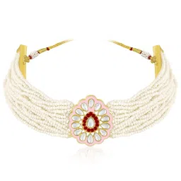 Peora White & Pink Kundan Beads Studded Choker Necklace & Earrings Set image 5