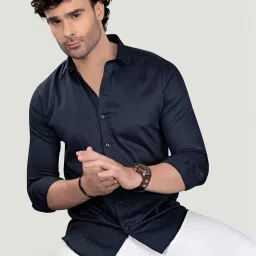 Almaty Navy Blue Cotton Slim Fit Shirt image 5