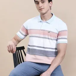 Crocodile Blue Polyester Striped Slim Fit Polo T-Shirt image 3