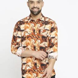 Basics Orange Cotton Slim Fit Printed Shirt-picture-16