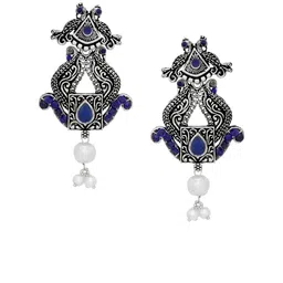 Silvermerc Designs Blue Silver-Plated Handcrafted Turquoise & Pearls Studded Drop Earrings image 1