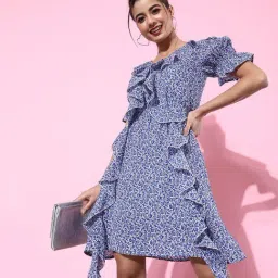 DODO & MOA Blue & White Printed A Line Dress-picture-34