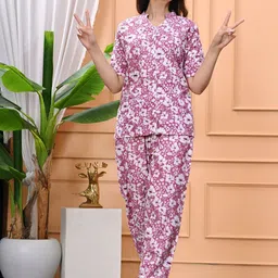 Dreambe Women Floral Printed Pure Cotton Night suit-image-92