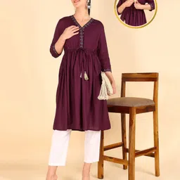 Zelena Three Fourth Sleeves Floral Embroidered  Maternity Kurta With Concealed Zipper Nursing Access - Wine-picture-33