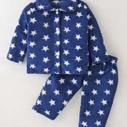 Kanvin Supersoft Extra Warm Velour Full Sleeves Winter Night Suit With Stars Print - Navy Blue-picture-18