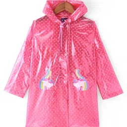 Pine Kids Full Sleeves Hooded Raincoat Polka Dots Print & Unicorn Patch Detailing - Pink-image-4