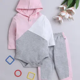 BUMZEE Cotton Full Sleeves Colour Blocked Hooded Onesie With Joggers Set - Grey Melange-image-8