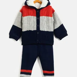 JWAAQ Full Sleeves Colour Block Self Design Winter Set With Faux Fur - Grey-picture-44