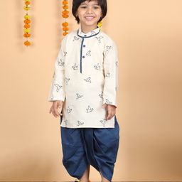 Polka Tots Cotton Full Sleeves Origami Bird Embroidered Kurta With Dhoti - Cream-picture-38