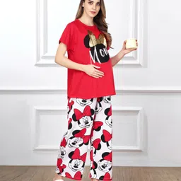 Bella Mama Disney Cotton Knit Half Sleeves Pullover Maternity Night Suit With Minnie Mouse Graphics - Red-picture-25