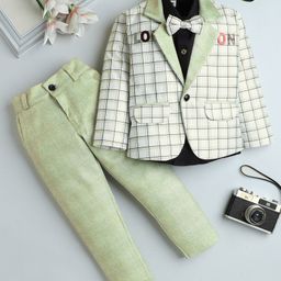 Fourfolds Cotton Full Sleeves Checked 3 Piece Party Suit Set - Green-picture-29