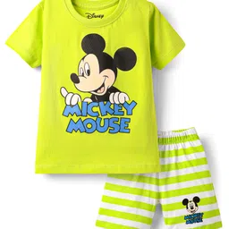 Babyhug Disney Single Jersey Knit Half Sleeves Shorts Night Suit With Mickey Mouse Graphic - White & Limegreen-picture-31