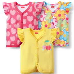 Babyhug 100% Cotton Front Open Frill Sleeves Floral & Hearts Printed Vest Pack Of 3 - Dark Pink Yellow & Light Blue-picture-26