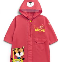 Babyhug Full Sleeves Hooded Raincoat With Tiger Print - Red-picture-30