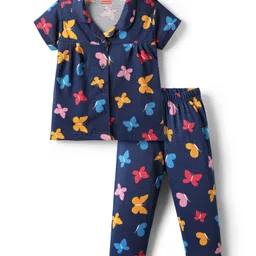 Babyhug Cotton Knit Half Sleeves Front Open Co-Ord Night Suit with Butterfly Print - Navy Blue-image-49