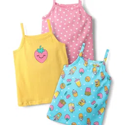 Babyhug 100% Cotton Single Jersey Knit Sleeveless Slips With Heart & Tropical Theme Print Pack Of 3 - Pink Yellow & Light Blue-picture-14