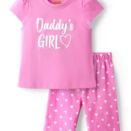 Babyhug Cotton Knit Cap Sleeves Capri Night Suit With Heart Print - Pink-image-31
