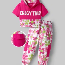OLLINGTON ST. Cotton Knit Half Sleeves Colorblocked Floral Printed Hooded Top & Knit Jogger Set - Pink & Multicolor-picture-34