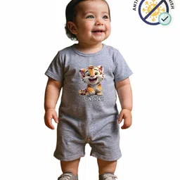 COCOON ORGANICS 100% Cotton Knit Half Sleeves Cute Baby Tiger Printed Anit Microbial Romper - Grey Melange-picture-21