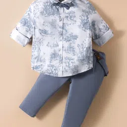 ToffyHouse Poplin Woven Full Sleeves Printed Party Shirt & Trouser Set With Bow & Suspender - Royal Blue & White image 1