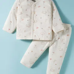 Zero Sinker Knit Full Sleeves Co-ords Night Suit With Animal Print - Cream-picture-10