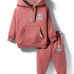Teddy Fleece Knit Full Sleeves Winter Wear Hooded T-Shirt & Joggers Set with Kangaroo Pockets - Rose Gold-image-13
