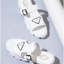 Shoetopia Footprint designed Applique Detailed Buckle Closure Sandals - White-picture-27