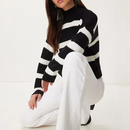 Happiness istanbul Women High Neck Long Sleeves Striped Print Pullover-picture-30